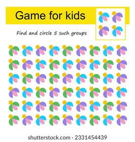 A game for kids. Find the group of cartoon beetle shown in the sample and circle. Vector illustration. 