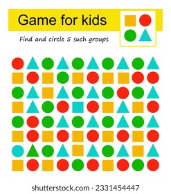 A game for kids. Find the group of geometric shapes shown in the sample and circle it. Vector illustration. 