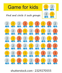 A game for kids. Find the group of medals shown in the sample and circle. Vector illustration. 