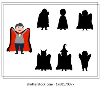 game for kids find the right dracula shadow, Halloween. vector isolated on white background.