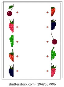 A Game For Kids, Find The Right Half Of The Berries. Connect The Two Halves. Strawberries, Raspberries, Blackberries, Cherries, Grapes. Vector Isolated On A White Background