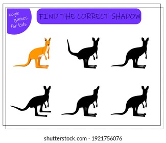 Game for kids find the right shadow. choose the right shade for the kangaroo. Vector illustration isolated on white background