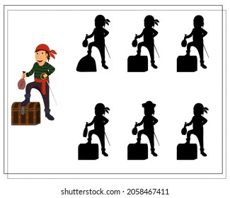 A game for kids find the right shadow, pirate. vector isolated on a white background.