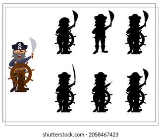 A game for kids find the right shadow, pirate. vector isolated on a white background.