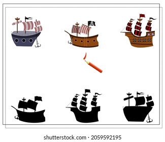 A game for kids find the right shadow, pirate ship. vector isolated on a white background.
