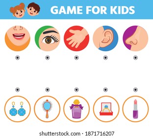 Game for kids. Five senses. Sight, touch, hearing, smell and taste. Preschool worksheet activity. Match of sense organs and objects