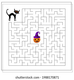game for kids go through the maze, black cat, Halloween. vector isolated on white background.