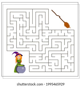 game for kids go through the maze, help the witch to get to the broom. a witch makes a potion, Halloween. vector isolated on a white background.