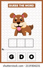 Game for kids guess the word Dog. Education developing worksheet. Learning game for kids. Activity page. Puzzle for children. Riddle for preschool.