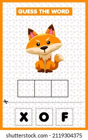 Game for kids guess the word Fox. Education developing worksheet. Learning game for kids. Activity page. Puzzle for children. Riddle for preschool.