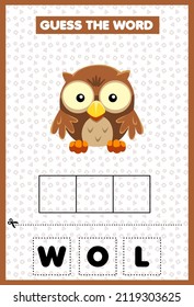 Game for kids guess the word Owl. Education developing worksheet. Learning game for kids. Activity page. Puzzle for children. Riddle for preschool.