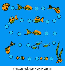 Game for kids. Help the fish find the way to the algae. Vector coloring book.