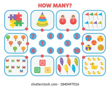Game for kids. How many toys?  Preschool worksheet activity. Children funny riddle entertainment for the development of logical thinking