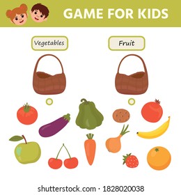 Game for kids. Kids learning material. Arrange vegetables and fruits in baskets. Preschool worksheet activity. Children funny riddle entertainment. Vector Illustration