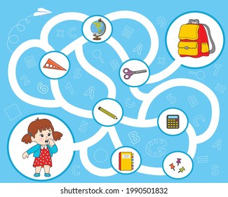 Game for kids. Maze. Pack your school supplies into a bag. Activity book. Vector illustration