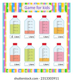 Game for kids. Measuring capacity of the bottles. Worksheet for children. Vector illustration. 