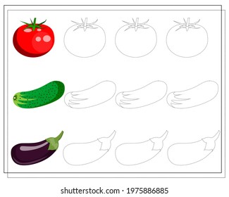 game for kids outline, practice handwriting, vegetables tomato, cucumber, eggplant. vector isolated on a white background