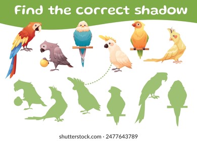 Game for kids with parrots and their plumage. Sheet of educational logical search game. Find the correct shadow