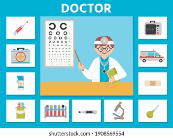 Game for kids. Profession card.  Cartoon doctor.  Kids activity sheet. Children funny riddle entertainment.