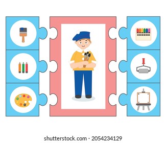 Game for kids. Puzzle. Learning cards. Professions. Artist boy and supplies: brushes, palette, painting, paints, easel. Preschool worksheet activity for children. Vector illustration in cartoon style