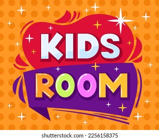 Game kids room poster. Cartoon baby playroom, children entertainment party club and play zone badge flat vector illustration