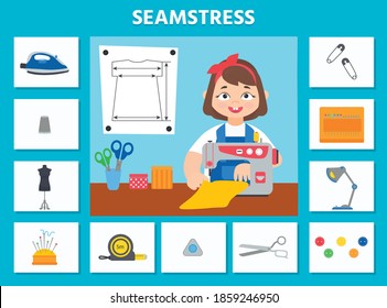 Juego para niños. Seamstress. Tarjetas de profesión. Actividad de la hoja de cálculo preescolar. Los niños entretienen divertidísimos para el desarrollo del pensamiento lógico. Ilustración vectorial