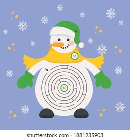 Game for kids. Snowman. Maze. Preschool worksheet activity. Children funny riddle entertainment for the development of logical thinking. Vector Illustration