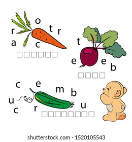 Game for kids. Spelling. Carrot, beet, 
cucumber. Vegetable. Workbook for preschool education. Learn to write and read. Letters. ABC. Workbook. Add words from letters.  