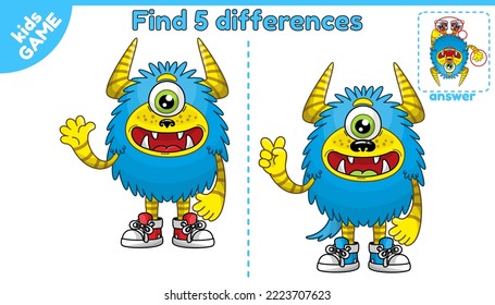 Juego para niños. Diferencias al punto 5. Un monstruo sonriente gracioso. Ilustración vectorial al estilo de las caricaturas.