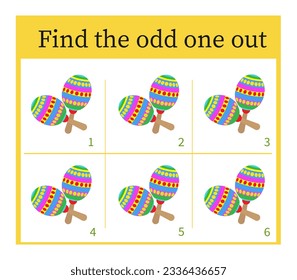 Juego para niños. Tarea para el desarrollo de la atención y la lógica. Página de actividades para niños. Ilustración vectorial de maracas.