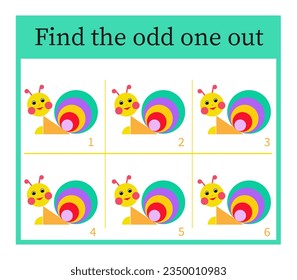 Game for kids. Task for development of attention and logic. Children activity page. Cartoon snail.