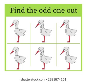 Game for kids. Task for development of attention and logic. Cartoon heron.