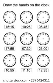 Game for kids. What time is it? Draw hands on the clock face. Time worksheet practice print page.Educational exercises for kids. Worksheets for practicing motor skills of children. 