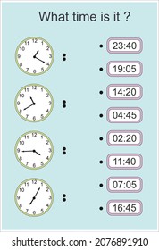 Juego para niños. ¿A qué hora es? Ejercicios educativos para niños. Hojas de trabajo para practicar las habilidades motoras de los niños. Juegos útiles para preescolar y kindergarten.