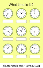 Game for kids. What time is it? Educational exercises for kids. Worksheets for practicing motor skills of children. Useful games for preschool and kindergarten.