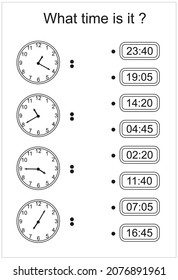 Game for kids. What time is it? Educational exercises for kids. Worksheets for practicing motor skills of children. Useful games for preschool and kindergarten.
