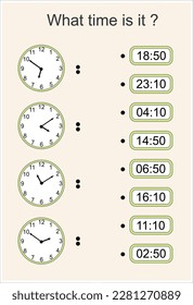 Game for kids. What time is it? Educational exercises for kids. Worksheets for practicing motor skills of children. Useful games for preschool and kindergarten.