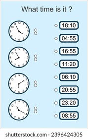 Game for kids. What time is it? Educational exercises for kids. Worksheets for practicing motor skills of children. Useful games for preschool and kindergarten. 