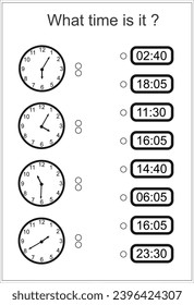 Game for kids. What time is it? Educational exercises for kids. Worksheets for practicing motor skills of children. Useful games for preschool and kindergarten. 