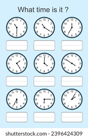 Juego para niños. ¿A qué hora es? Ejercicios educativos para niños. Hojas de trabajo para practicar las habilidades motoras de los niños. Juegos útiles para preescolar y kindergarten. 