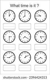 Game for kids. What time is it? Educational exercises for kids. Worksheets for practicing motor skills of children. Useful games for preschool and kindergarten. 