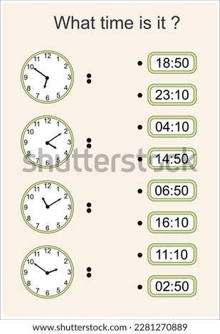 Game for kids. What time is it? Educational exercises for kids. Worksheets for practicing motor skills of children. Useful games for preschool and kindergarten.
