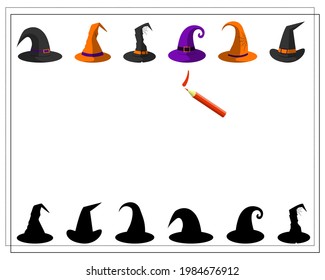 a game for kids where whose shadow, witch hats, halloween. vector isolated on a white background.