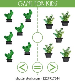 Game for kids.Cartoon cactus and plant.More, less or equal.Education logic game for preschool kids.Hand drawn vector illustration
