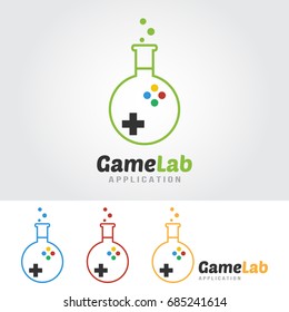 Game Lab logo template. Lab bulb with game icon.