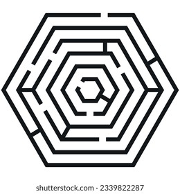 Game labyrinth black monochrome maze hexagon geometric shape line vector illustration. Conundrum way rebus exit and entrance riddle challenge direction choice puzzle scheme path search solution task