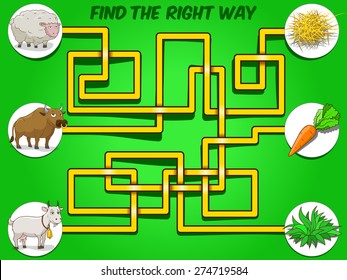 Game labyrinth find a way animals to food vector illustration