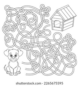 El laberinto del juego, el puzzle de la lógica de los niños con el perro caricaturista. Laberinto para niños de kindergarten y escolares. Ayuda a que el cachorro encuentre el camino correcto para ir a la casa de los perros. Página del libro de colorear. Ilustración del contorno del vector.