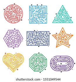 Game labyrinth. Mazes way with various entrance gate and exits out vector shapes