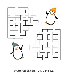 Game - a labyrinth for two with penguins for teaching children. Which penguin will find a way out of the maze faster 